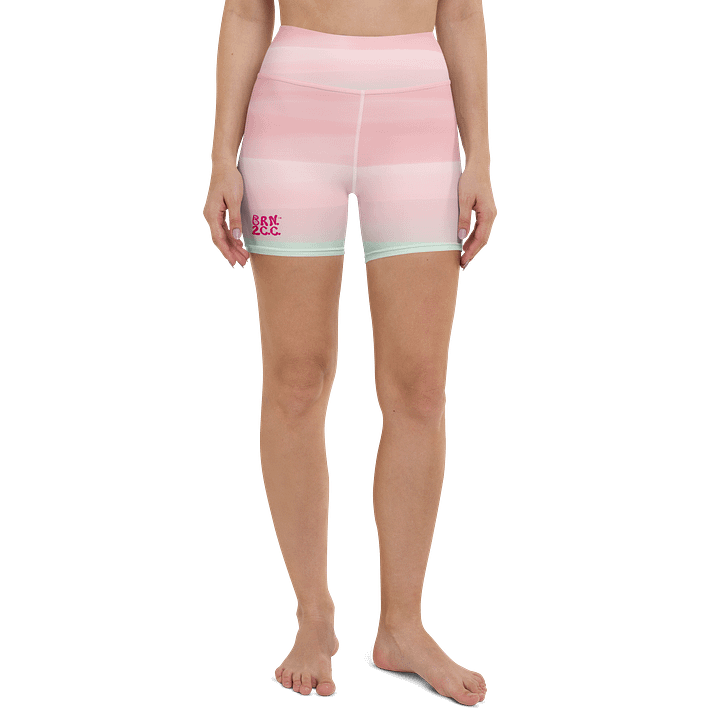 All-Over Print Yoga Shorts | with Inside Pocket | BRN.2C.C.™ | Coastal-Inspired Activewear | Vibrant Pink Logo on Pink Horizon product image (2)