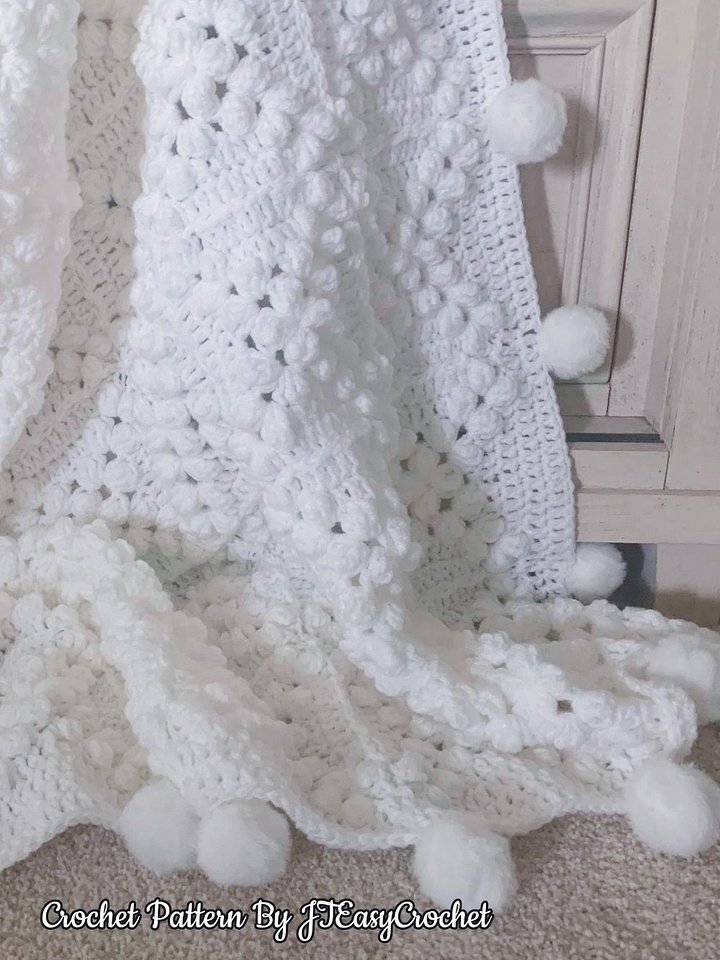 Granny Square Blanket With Poms, Easy Crochet Pattern & VIDEO, Textured Crochet Throw Home Decor, Baby Gift product image (1)