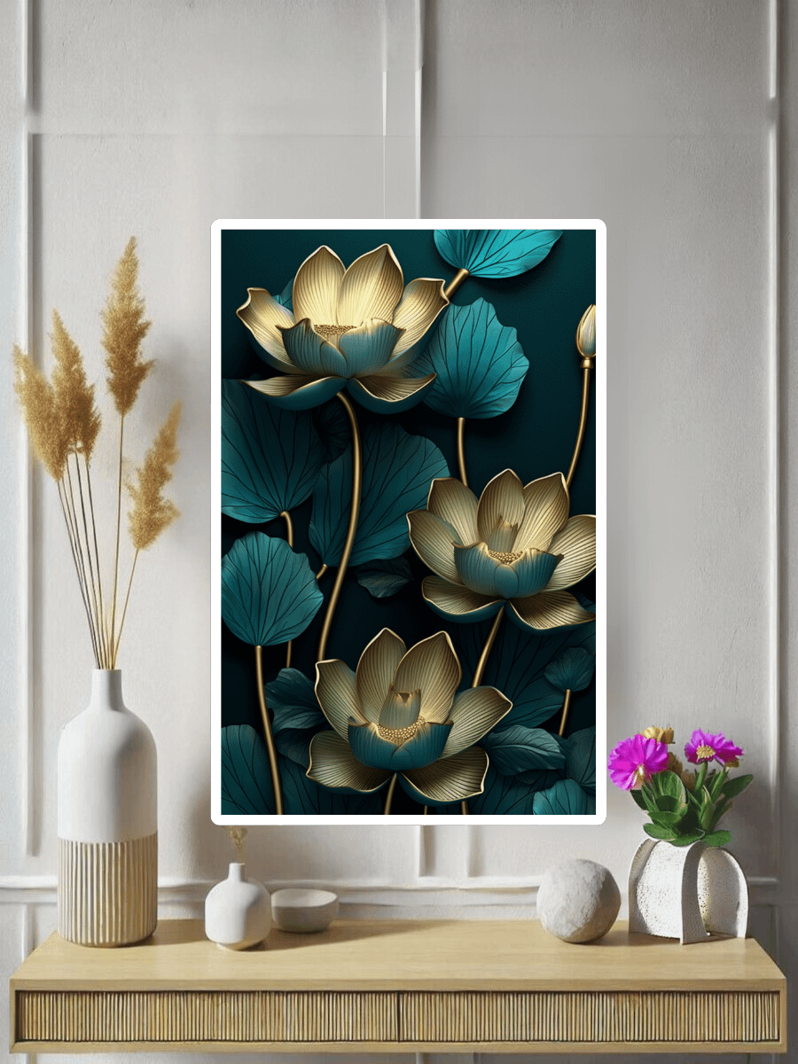 Elegant Lotus Embossed Printable Wall Art – Teal & Gold 3D Design product image (4)