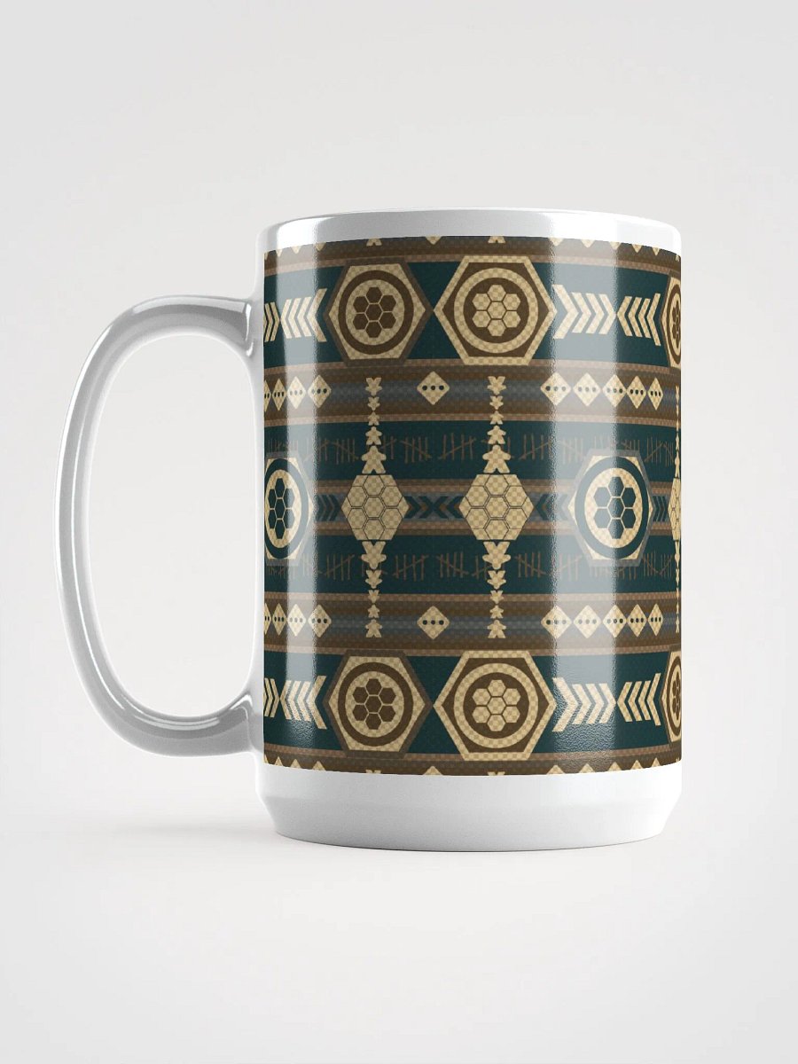 Rustic Southwestern Pattern Board Game Mug, Brown Blue Yellow 15 oz large mug with Aztek pattern product image (8)