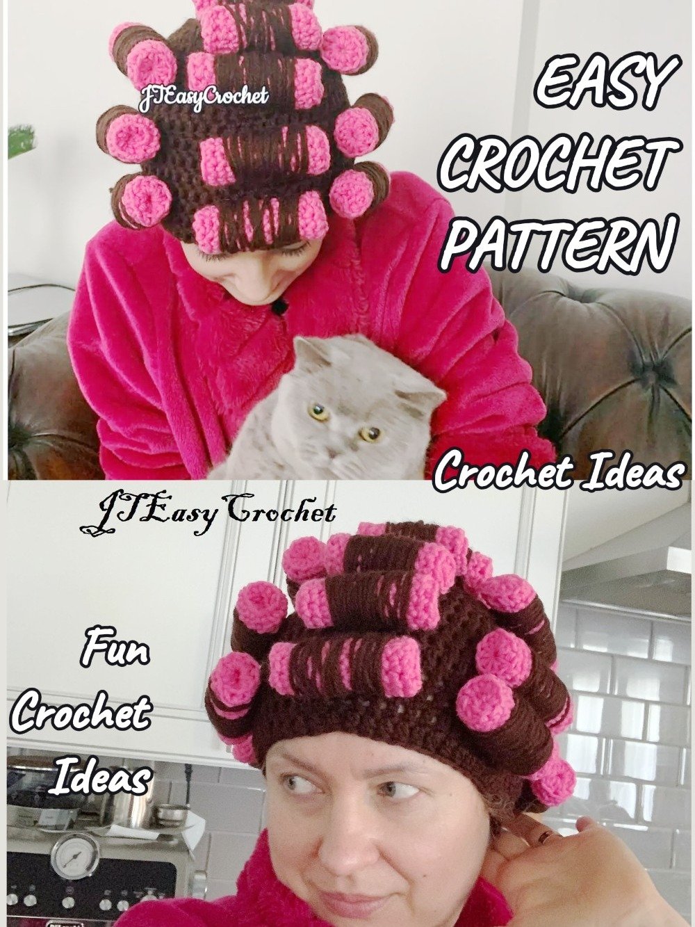 Crazy Cat Lady Hat Crochet Pattern, Crochet Curler Wig Hat Pattern, Beautician Cap with Foam Rollers, ALL Sizes product image (4)