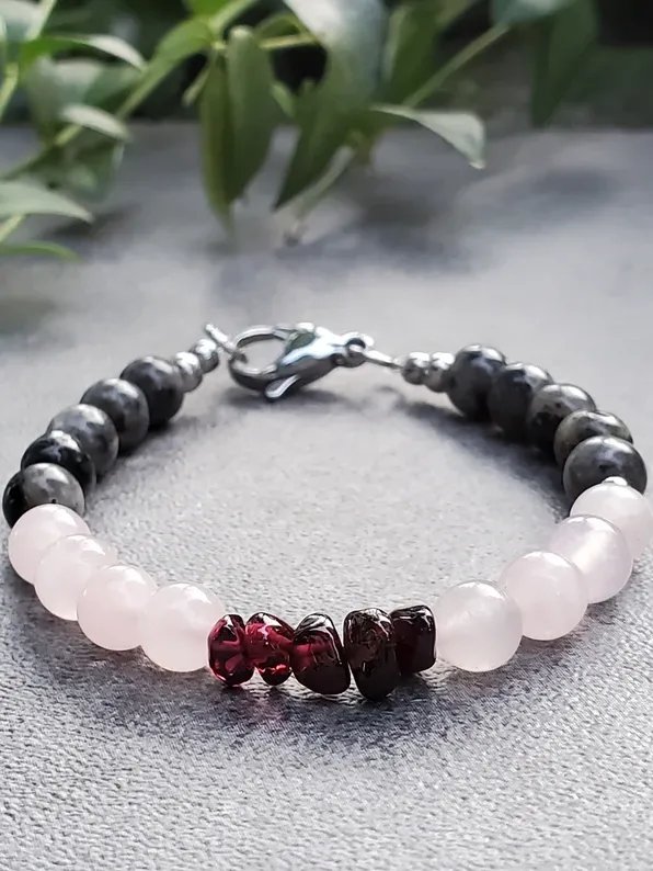 Devotion Bracelet | Rose Quartz, Garnet, Larvikite | Handmade Crystal Healing Jewelry product image (2)
