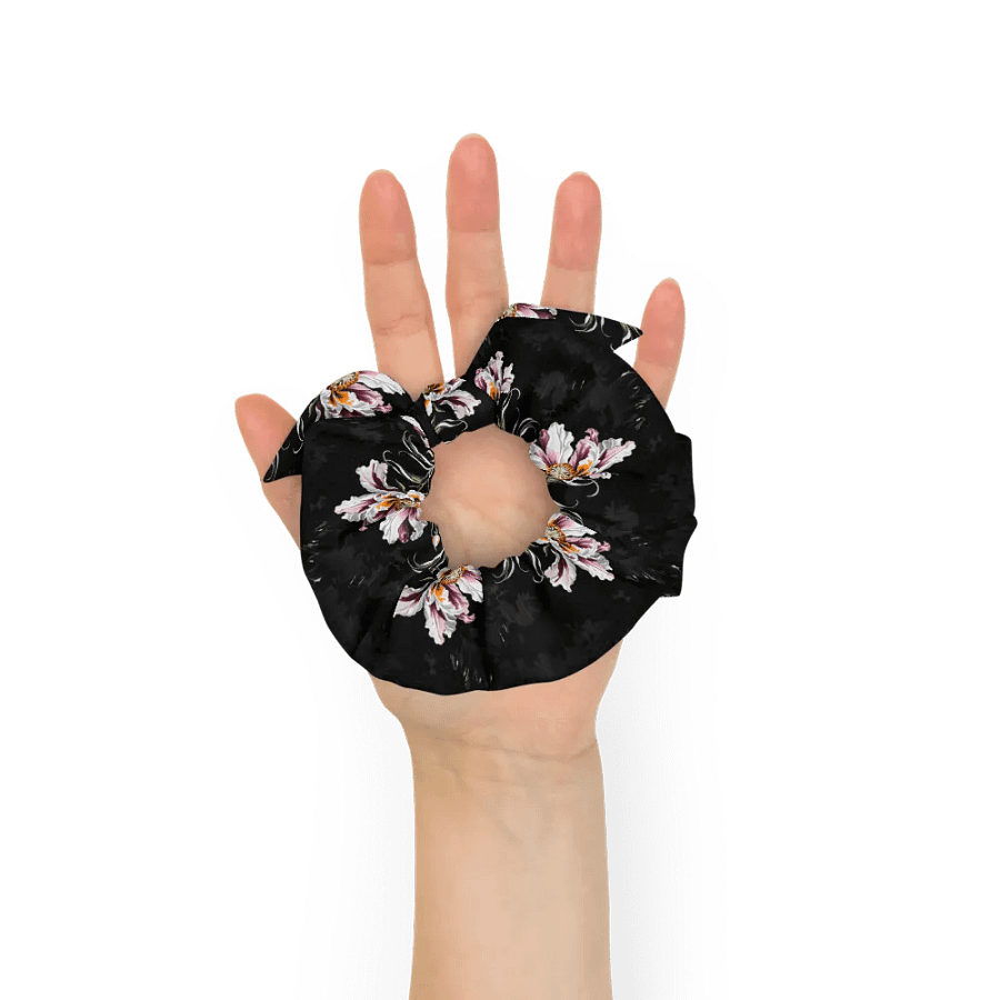 Hair Scrunchie - Painted Pink Flowers on a Black Background product image (7)