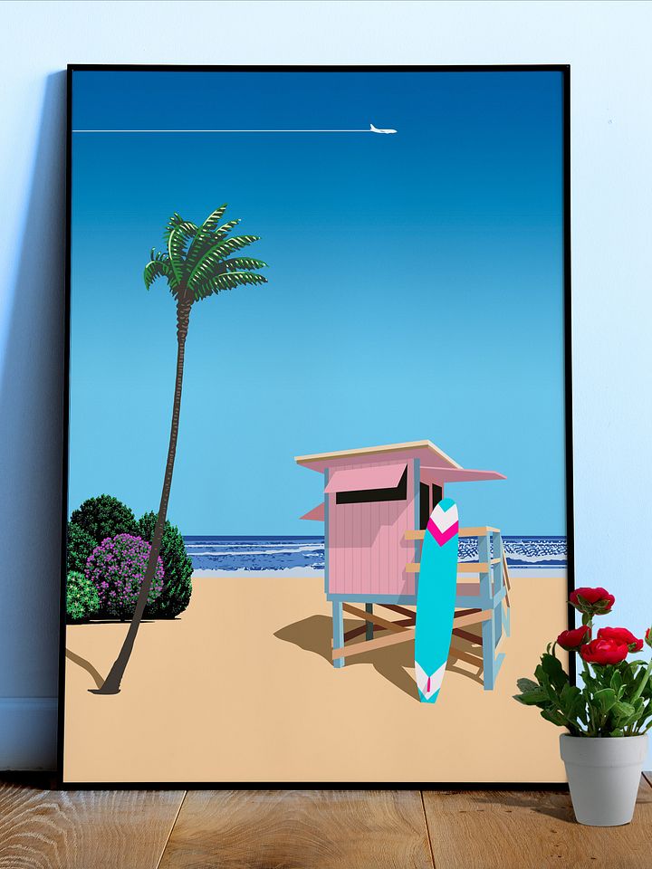 California, USA. Surf beach — City Pop art, retrowave/vaporwave poster, 80s, aesthetic poster, Hiroshi Nagai inspired art, minimalist poster product image (1)