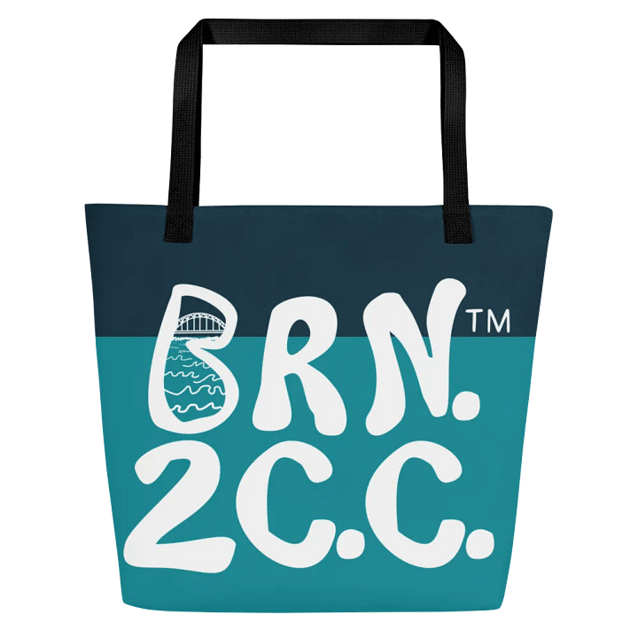 BRN.2C.C.™ | Large Tote Bag with Pocket | Coastal Classic | All-Over Logo Print | White Logo on Blue Stripes product image (1)