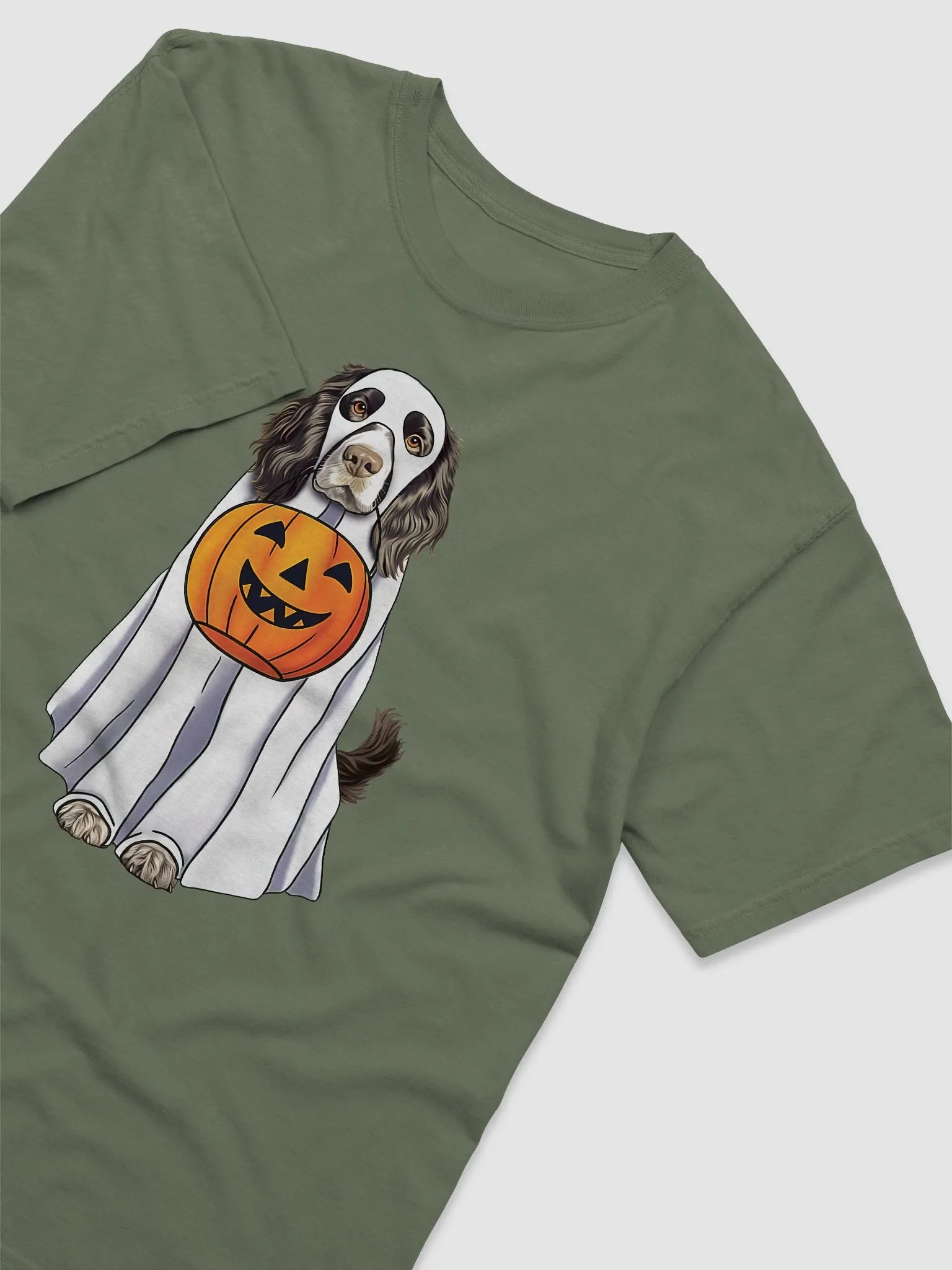 Springer Spaniel(Black) Halloween Tee | Funny Fall & Halloween Spaniel Wearing Ghost Costume w/ Pumpkin Basket product image (3)