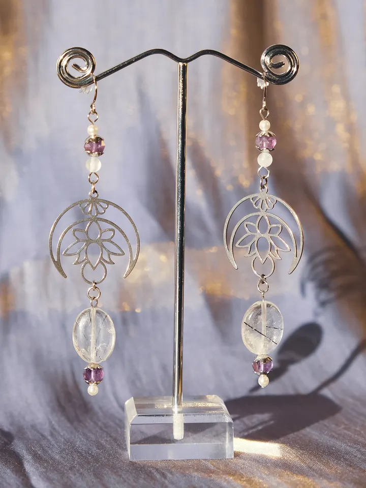 Moon lotus - Rutilated quartz, amethyst, and selenite earrings product image (1)