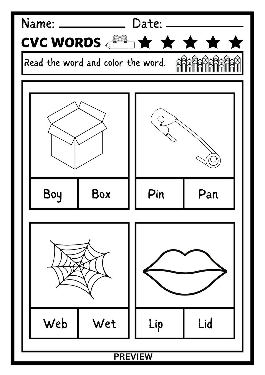CVC Words - Color the CVC Words - Phonics Worksheet for Kindergarten, Preschool, Homeschool - Printable product image (2)