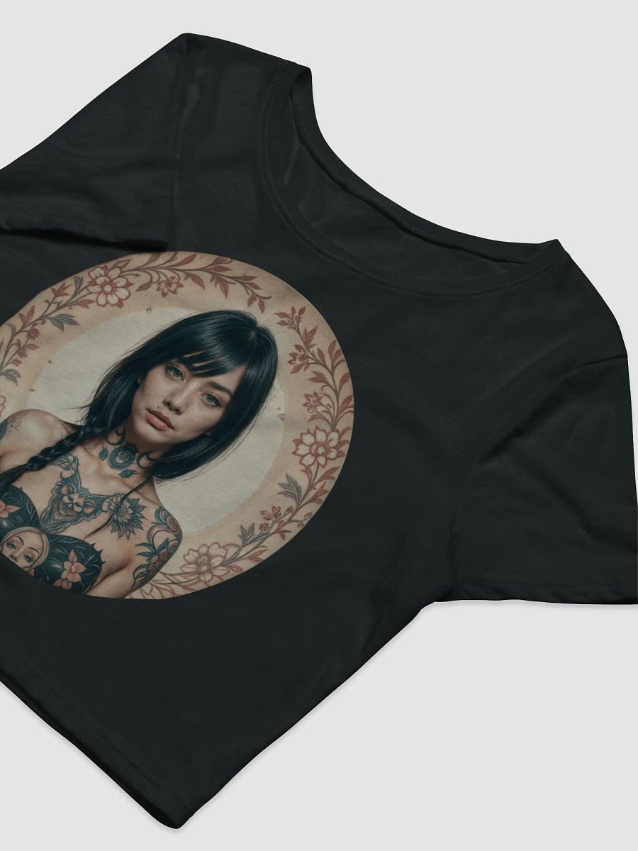 A woman with tattoos on her chest and arms, framed by a floral design product image (15)
