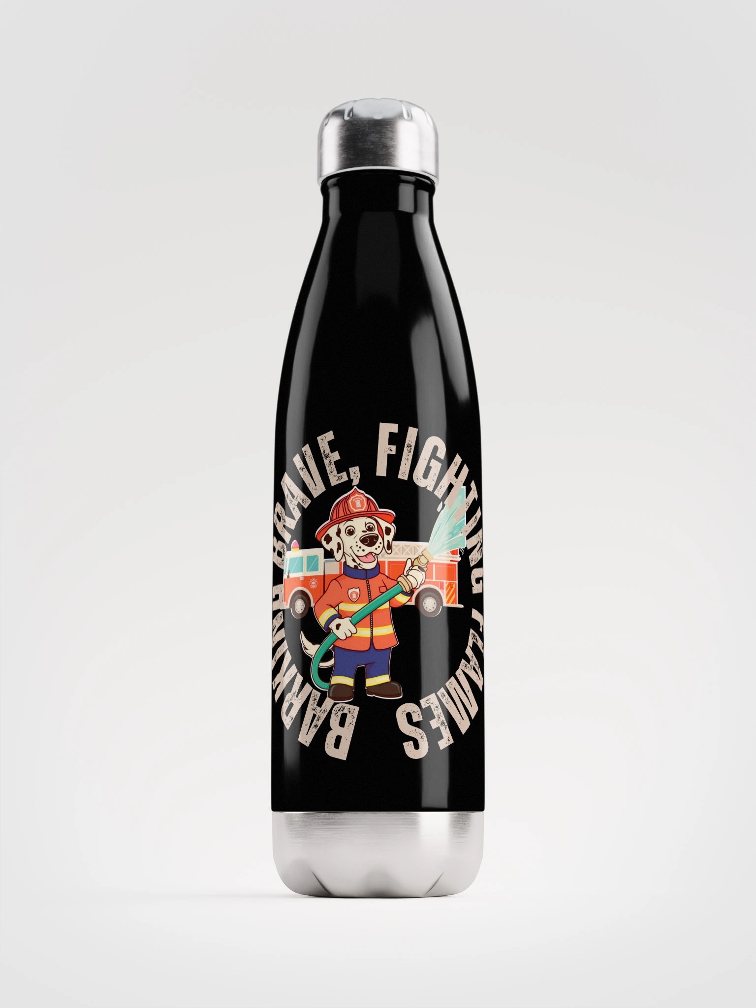 barking brave fighting flames water bottle product image (1)