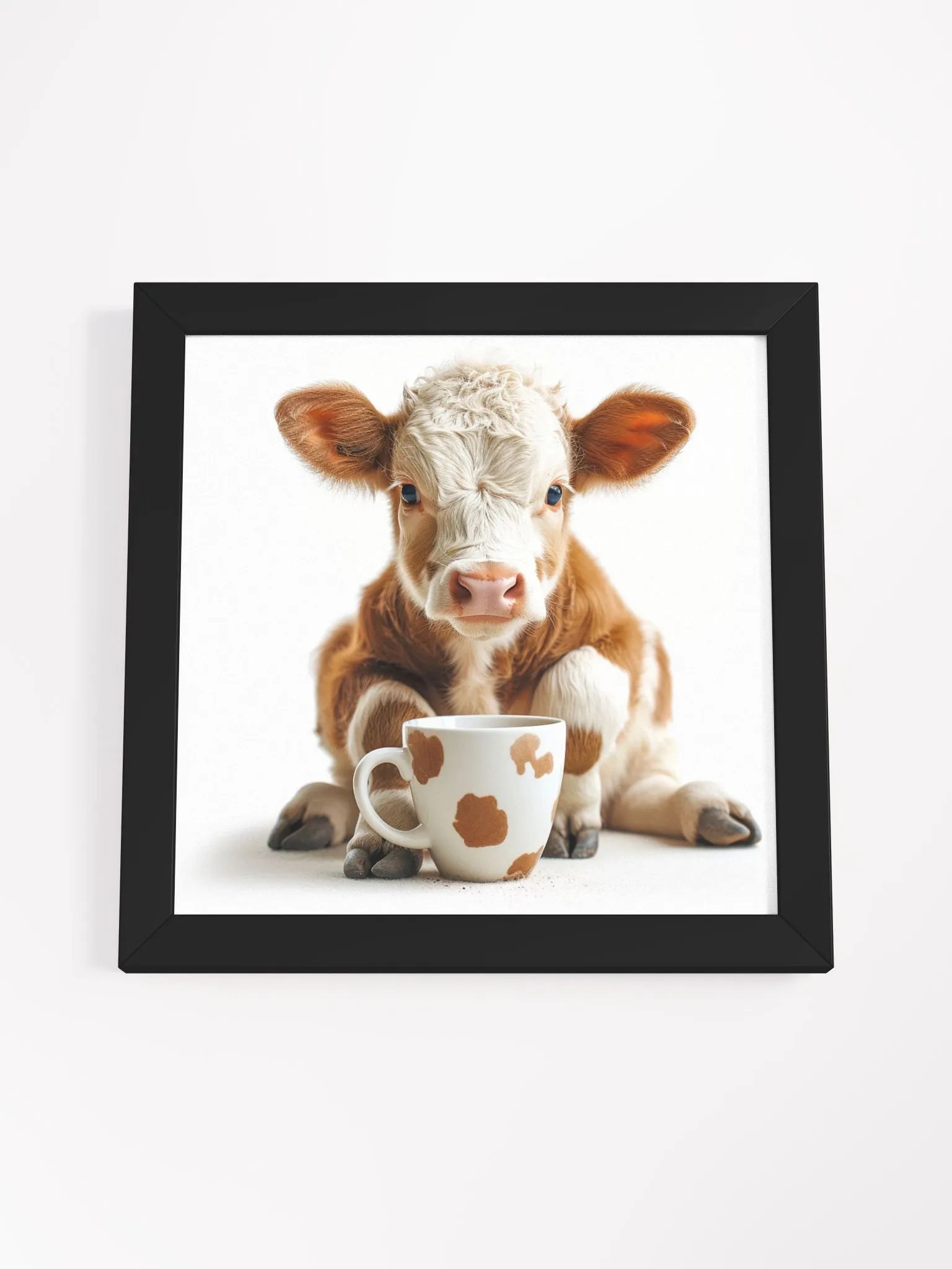 Cute Coffee Lover Baby Brown and White Cow Framed Wall Art product image (3)