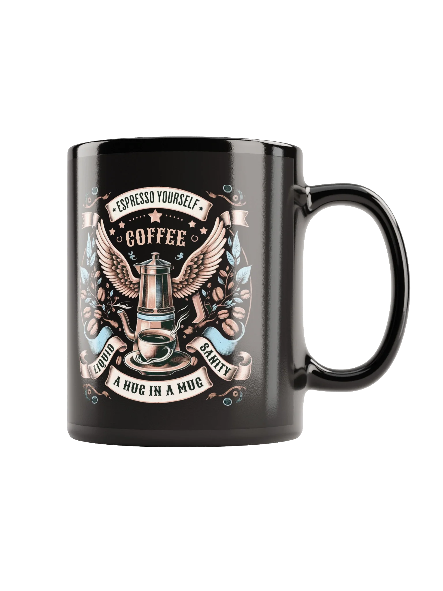 Espresso Yourself Coffee Mug Vintage Moka Pot & Wings Design product image (2)