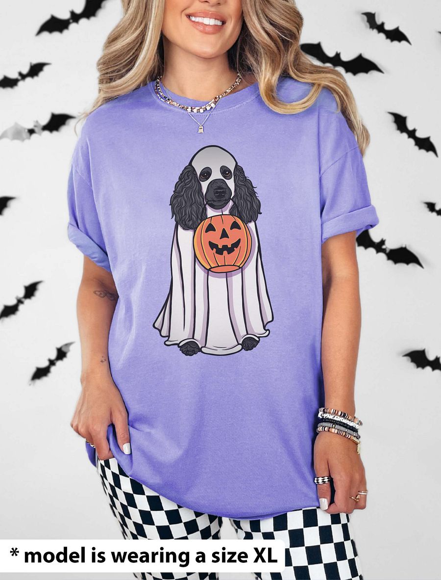 Funny Halloween Poodle(Black) T-Shirt | Funny Papillon Wearing a Ghost Costume and Holding a Pumpkin Basket product image (20)