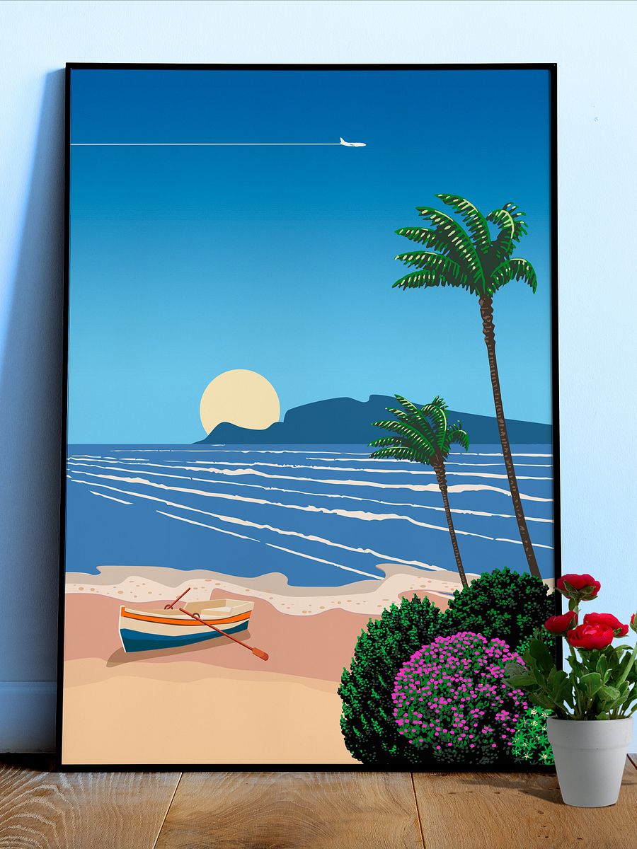 Cyprus. Beach with boat, sunrise — City Pop art, retrowave/vaporwave poster, 80s, aesthetic poster, Hiroshi Nagai inspired art product image (1)