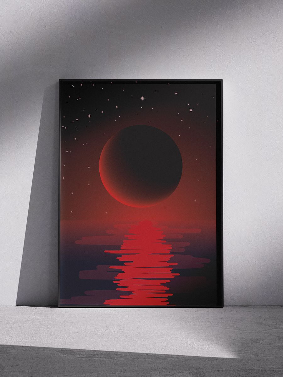 Scarlet Sea Serenade : Enchanting Nightscape Art Print with Bloody Moon Glow – Perfect for Dreamy Decor Lovers product image (4)