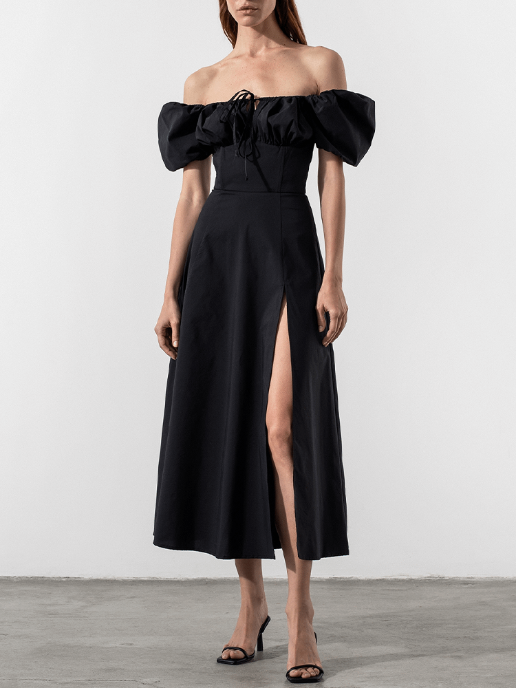Square Neck Waist High Slit Puff Sleeve Dress product image (5)