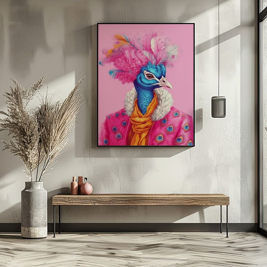 Anthropomorphic Peacock in Pink Coat Animal Portrait product image (5)