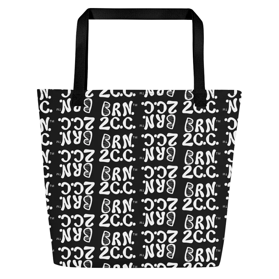 BRN.2C.C.™ | Large Tote Bag with Pocket | Coastal Classic | All-Over Logo Print | White Logo Repeat on Black product image (1)