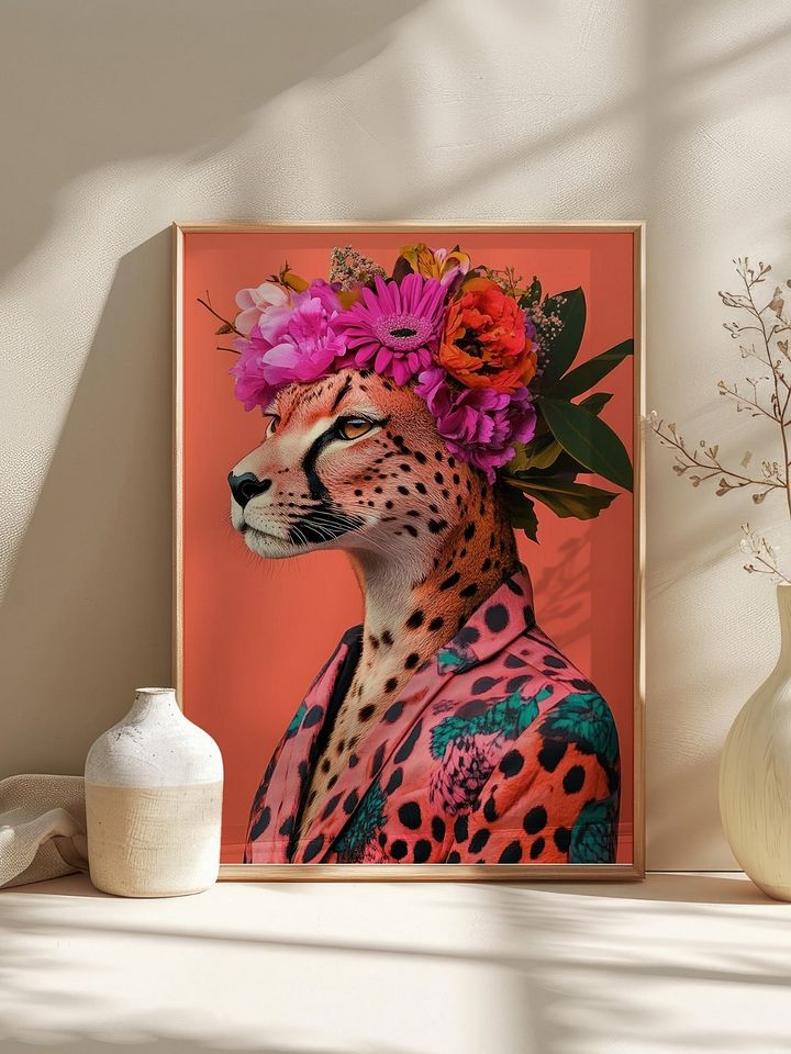 Cheetah Wearing Floral Wreath and Funky Jacket Animal Fashion Art Print product image (22)