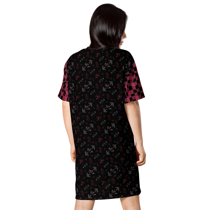 Magenta and White Flowers on Black with Warped Checkered Sleeves Women's T-Shirt Dress product image (2)