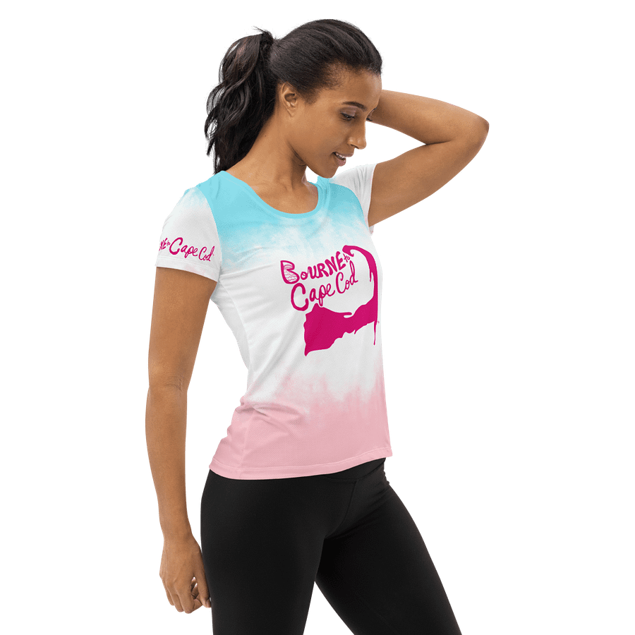 Women's | BOURNE to Cape Cod™ | Sporty Prep Tee ⚓️ | Athletic Style | Pink Logo on Pastel Patriotic product image (4)
