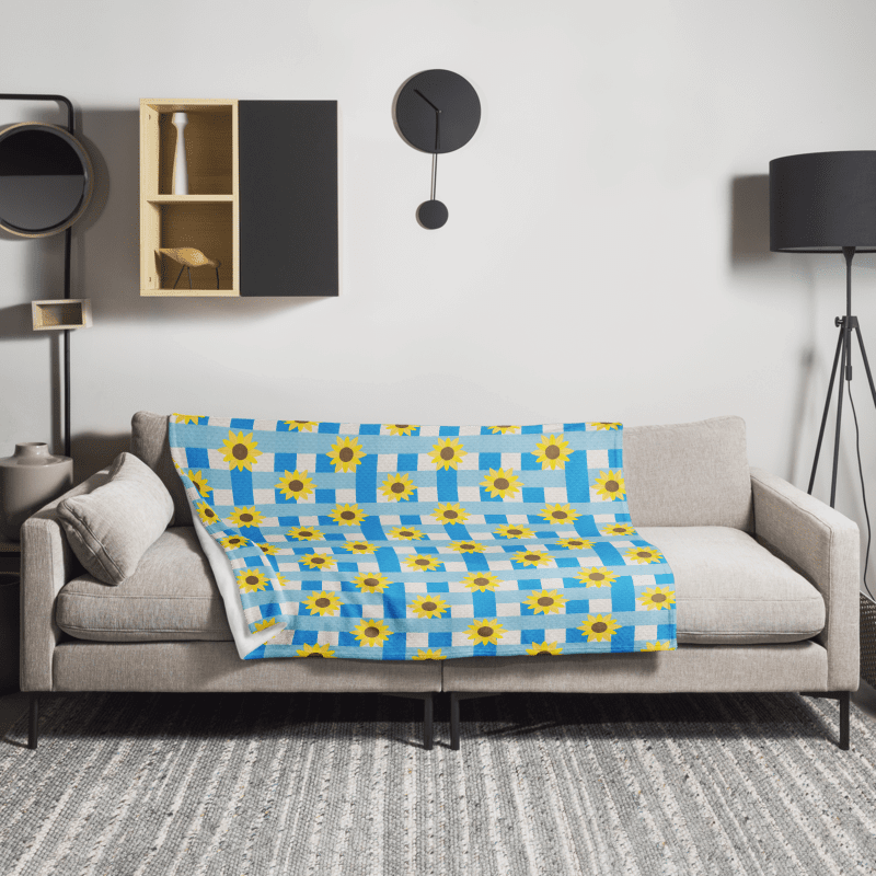 Sunflower Gingham Pattern- Blue Background Throw Blanket product image (3)