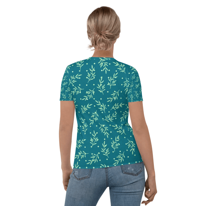 Ladies T shirt all over print teal color  leafy design  giving a fresh healthy feel for outdoor activity or outing. product image (1)