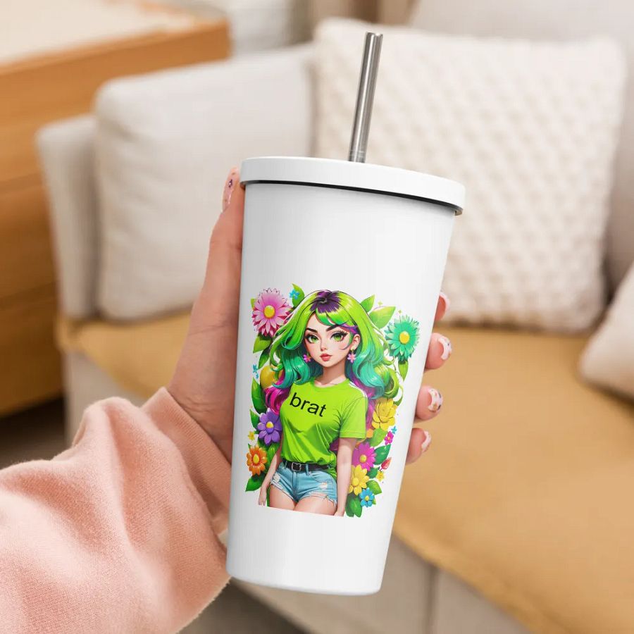 Brat 20 oz Tumbler Cup - White - Insulated Tumbler with a Straw v4 product image (3)
