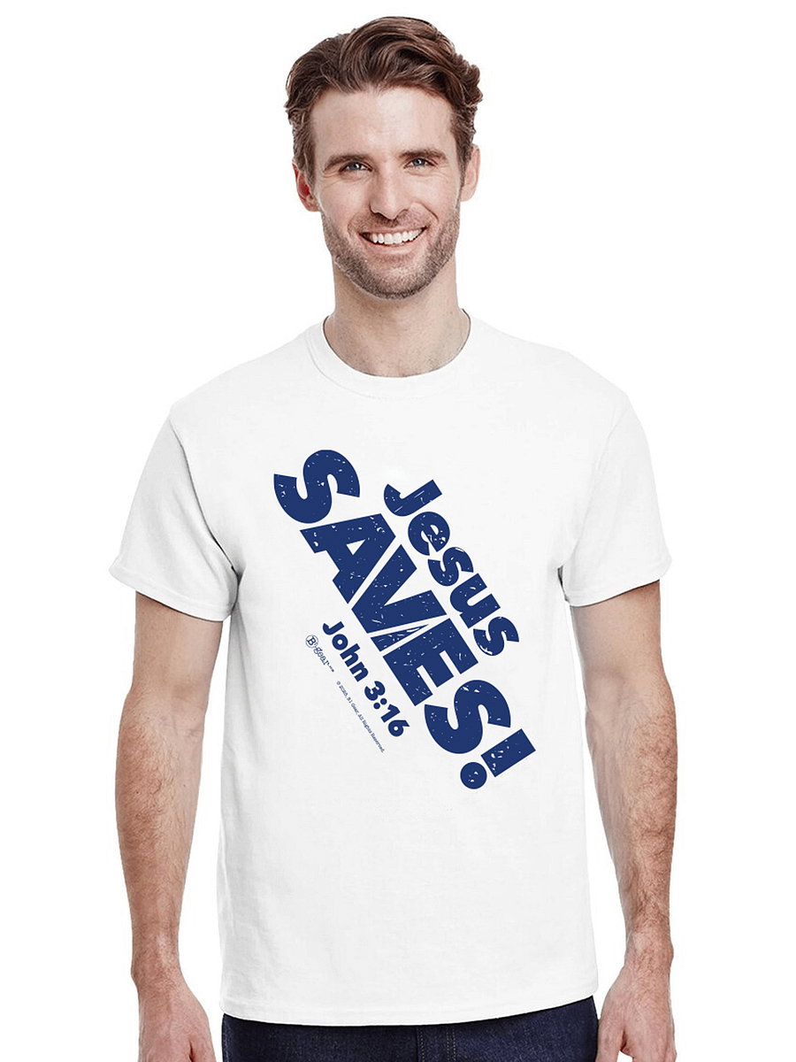 Jesus SAVES! Heavyweight Unisex Crewneck T-shirt | Gildan® 5000, Blue on White Shirt product image (1)