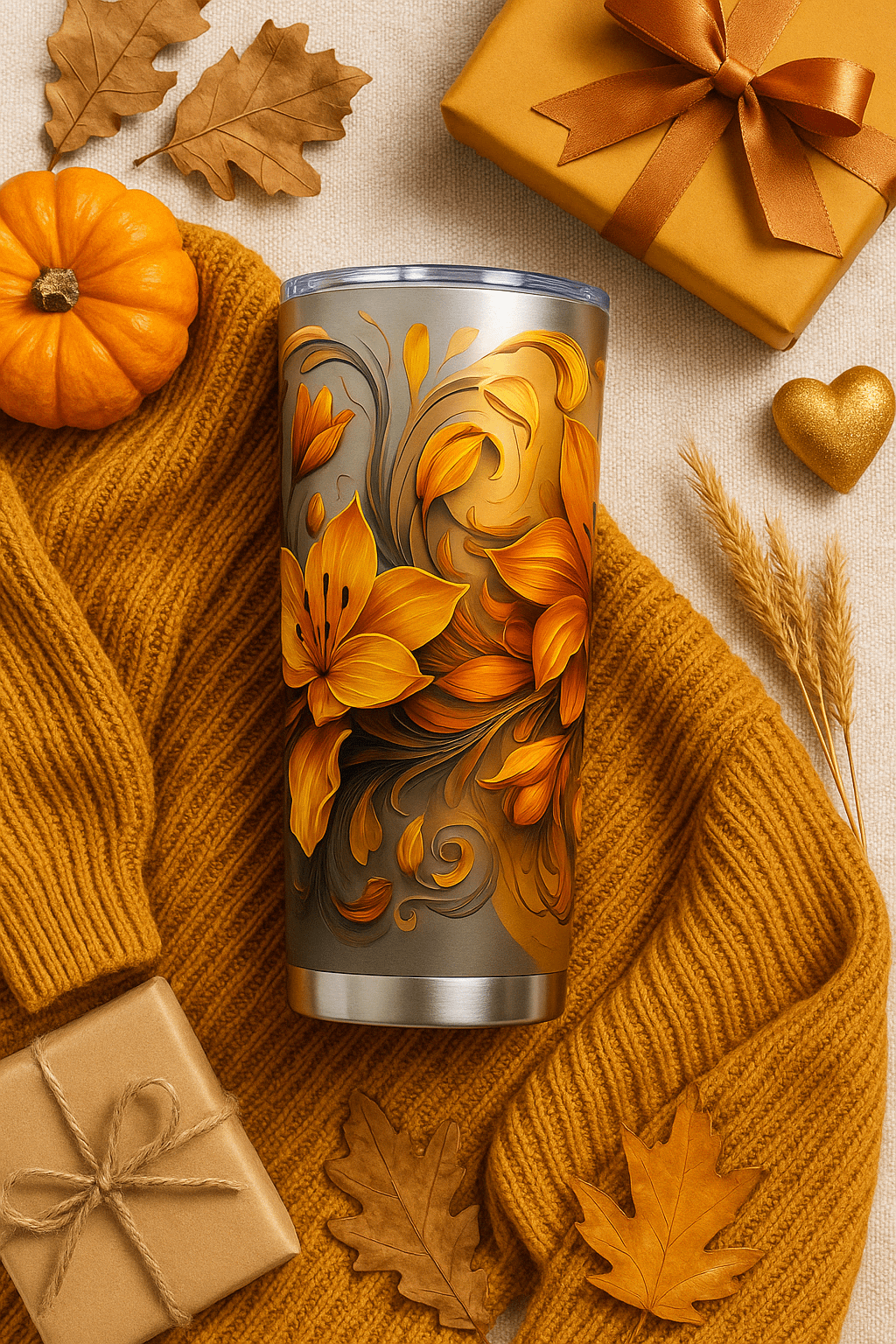 Golden Orange Floral Tumbler Wrap PNG for 20oz Skinny | 9.3x8.2 Fall Sublimation | Instant Download | Autumn Gift Idea product image (1)