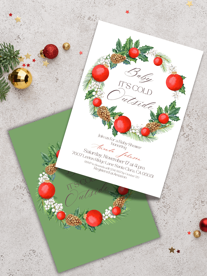 Winter Baby Shower Invitation for Baby It’s Cold Outside Themed Party, Digital Download Christmas Wreath Invite Template product image (2)