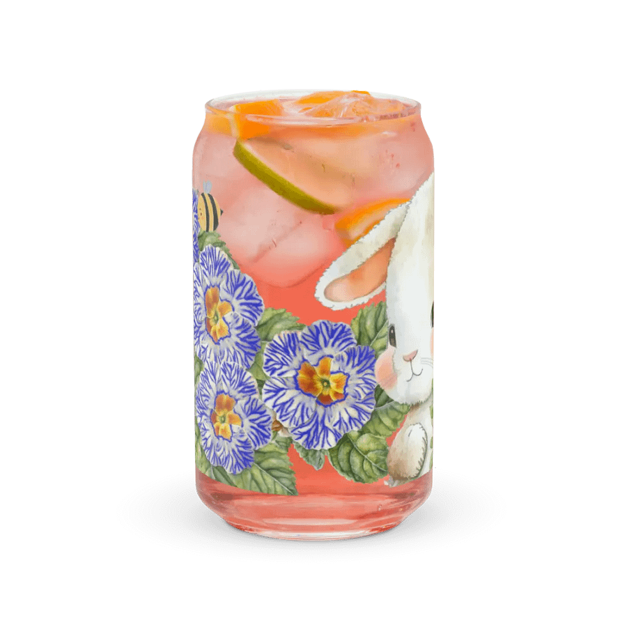 Garden Whispers: Bunny and the Primula Zebra Blues | 16oz Glass Can | Nature-Inspired Drinkware product image (7)