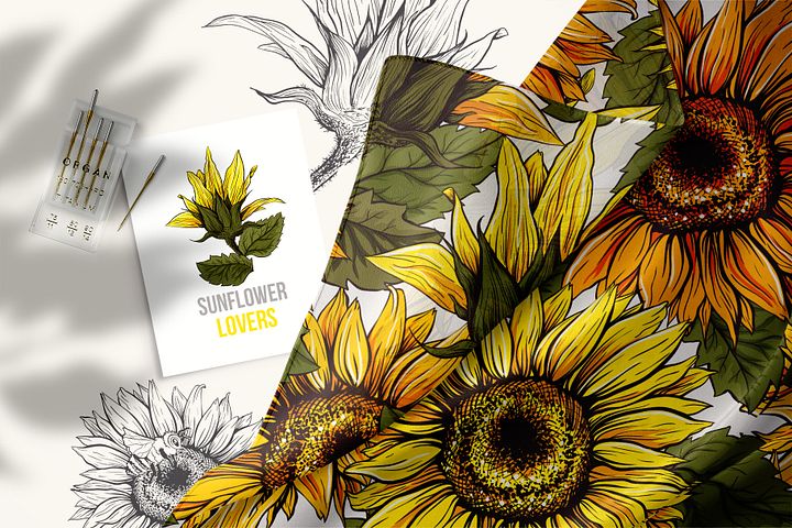 Sunflower Seamless Pattern Bundle, Sunflower Clipart, Autumn Digital Papers Line Art product image (2)