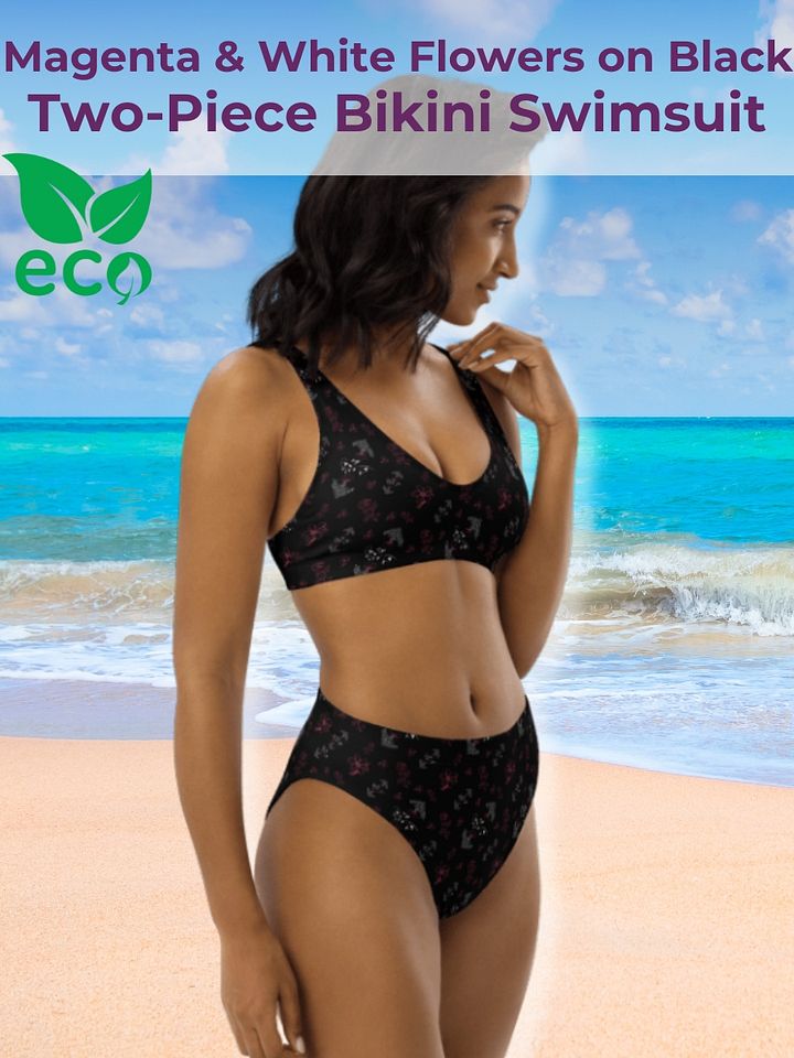 Magenta & White Flowers on Black Eco-Green Two-Piece Bikini Swimsuit product image (1)