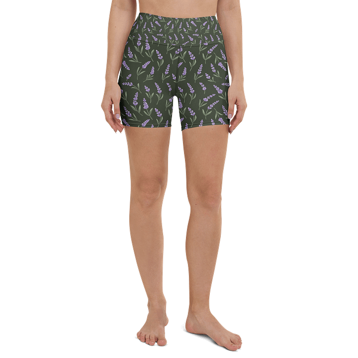All-Over print yoga shorts with lavender pattern on green background. Eco-Friendly activewear product image (2)