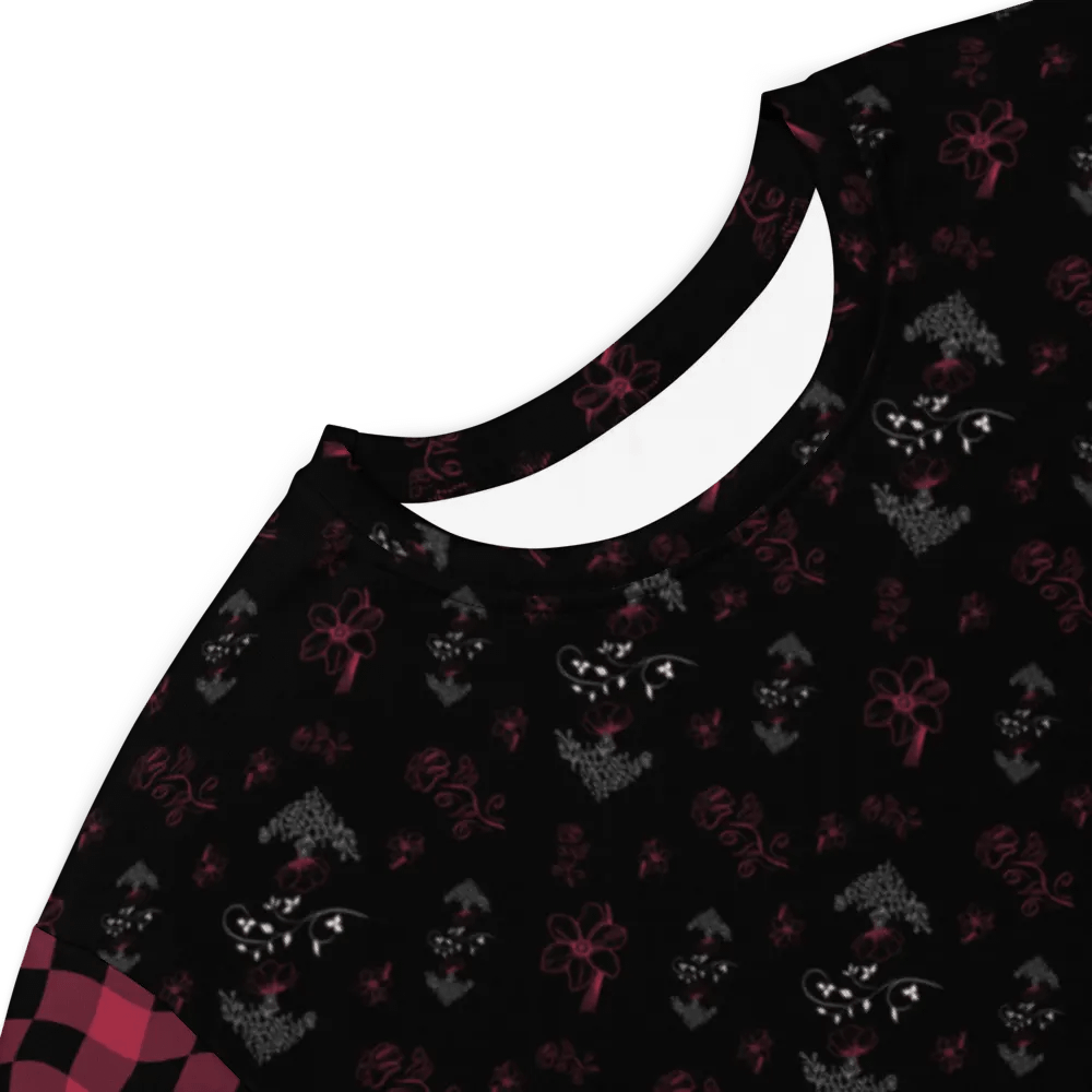 Magenta and White Flowers on Black with Warped Checkered Sleeves Women's T-Shirt Dress product image (8)
