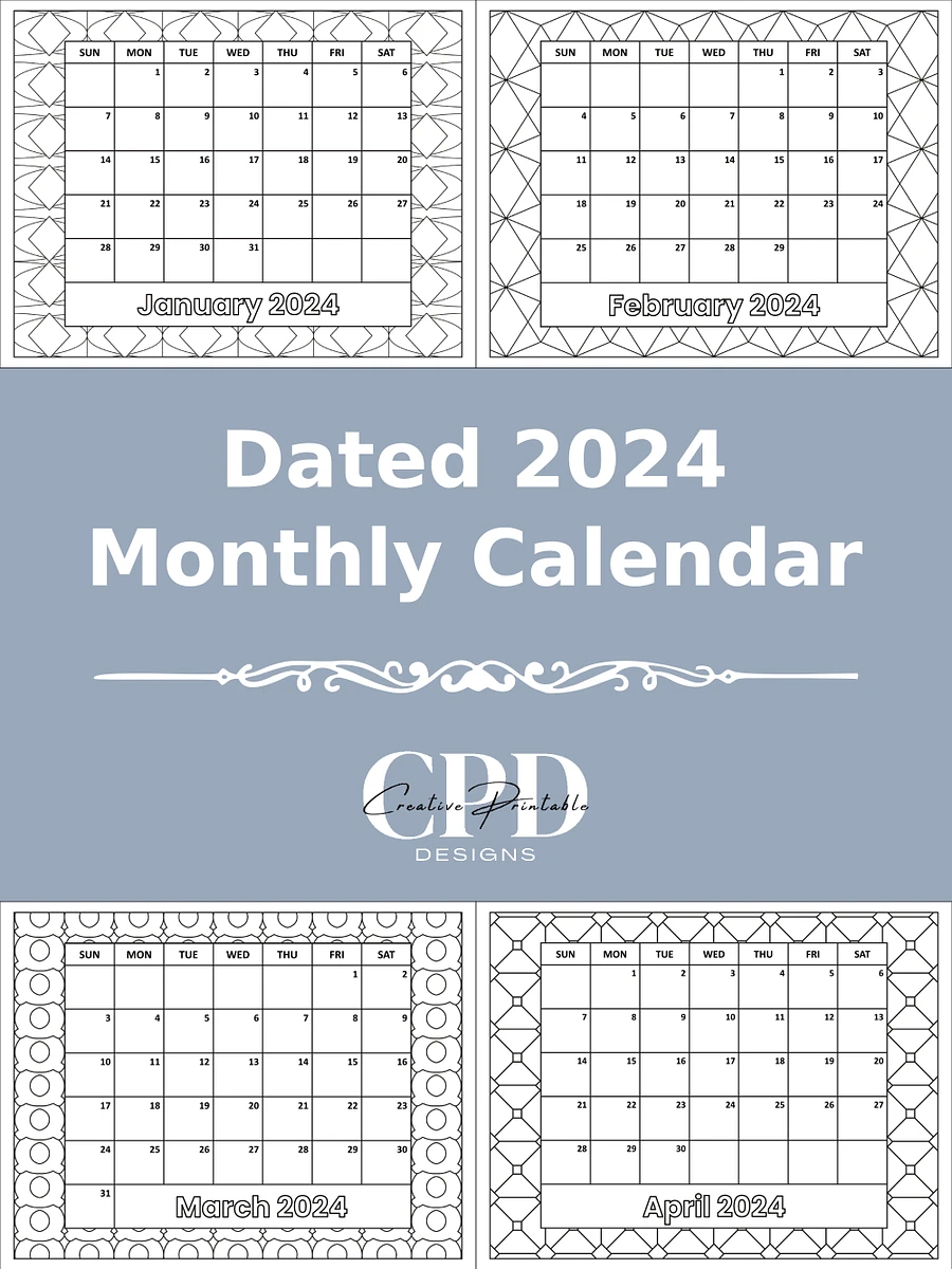 Printable 2024 Monthly Calendar With Patterns To Color product image (2)