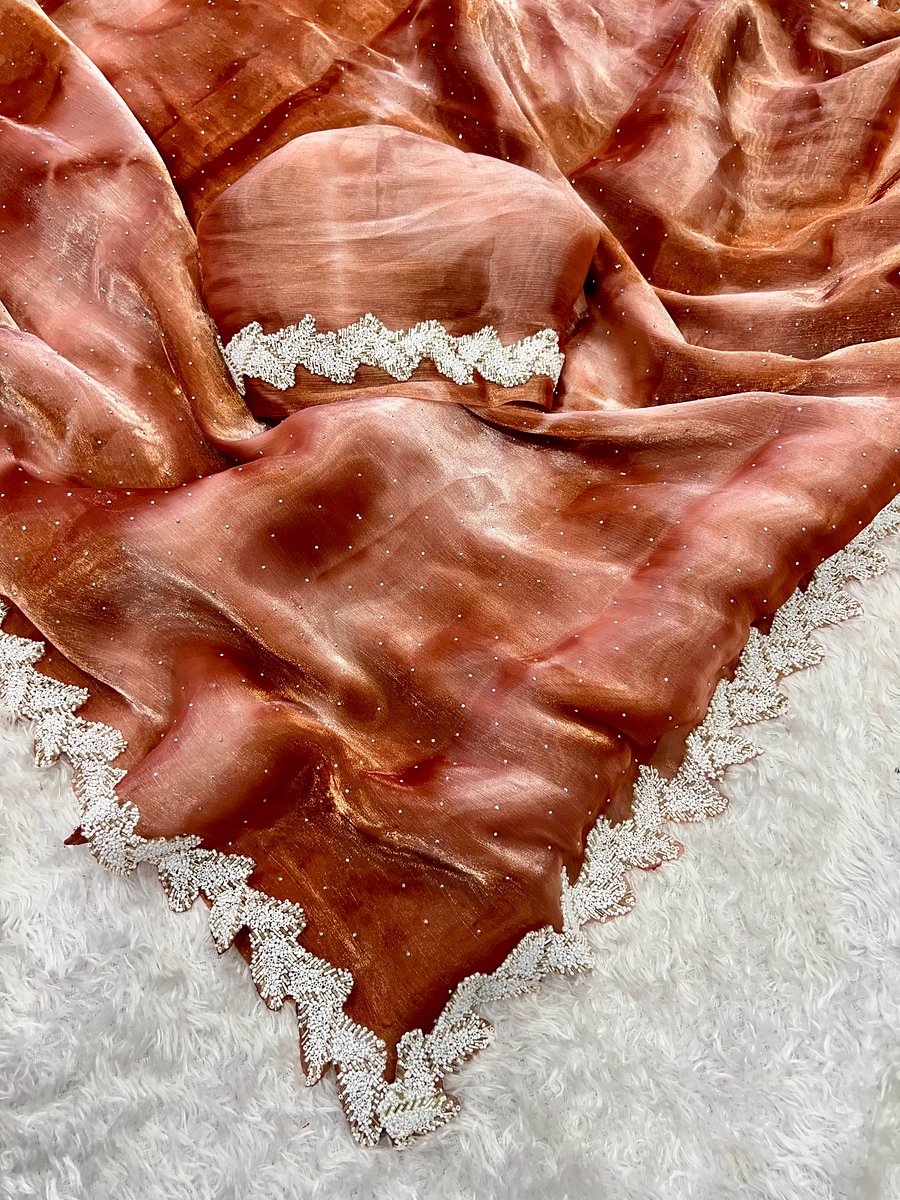 Primium Barbari sibori Jimmy Chu Silk fabric With Pure JARKAN moti Handcraft Lace Border And Diamond in Sareee product image (5)