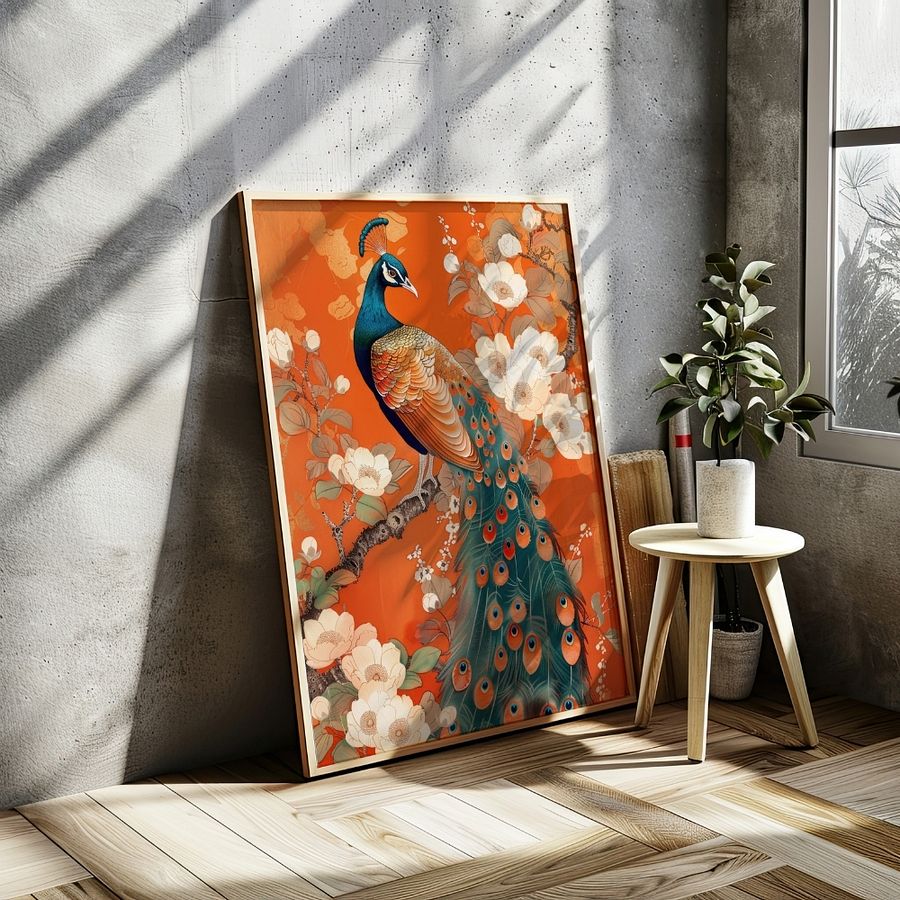 Art Nouveau Peacock on Orange Floral Art Print product image (21)