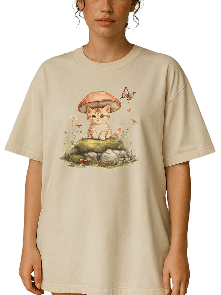 Cottage core Mushroom Cat T-Shirt - Relaxed Fit Heavyweight Unisex Cotton T-Shirt product image (1)