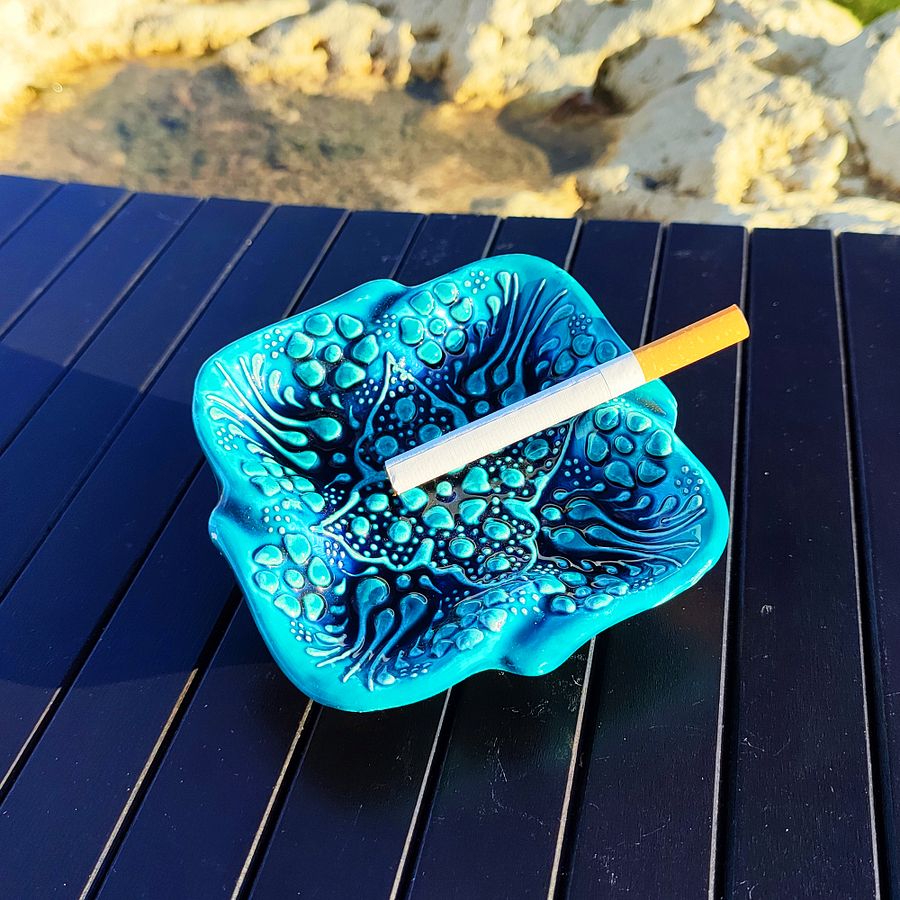 Ceramic turquoise ashtray, square - Turkish Iznik Style Decor, 10 cm — handmade pottery product image (3)