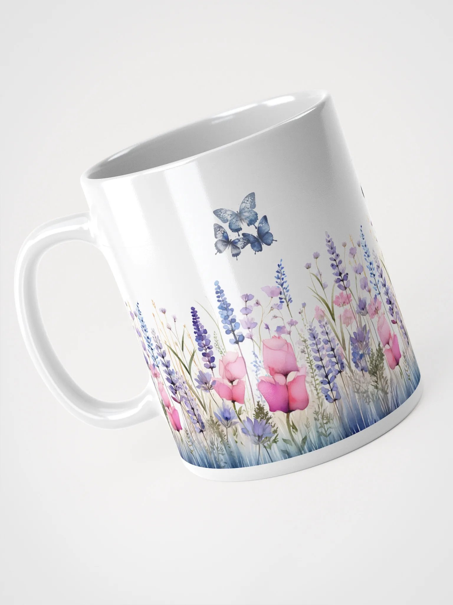 Pastel Wildflower and Blue Butterflies White Mug product image (3)