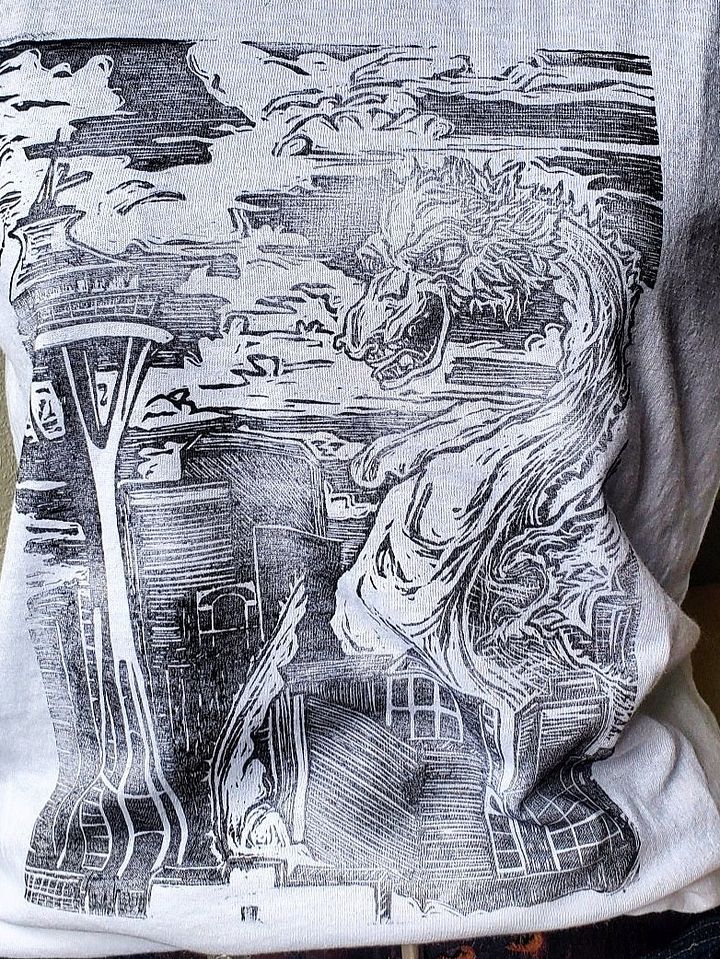 Kaiju Dragon in Seattle Linocut T-Shirt product image (2)
