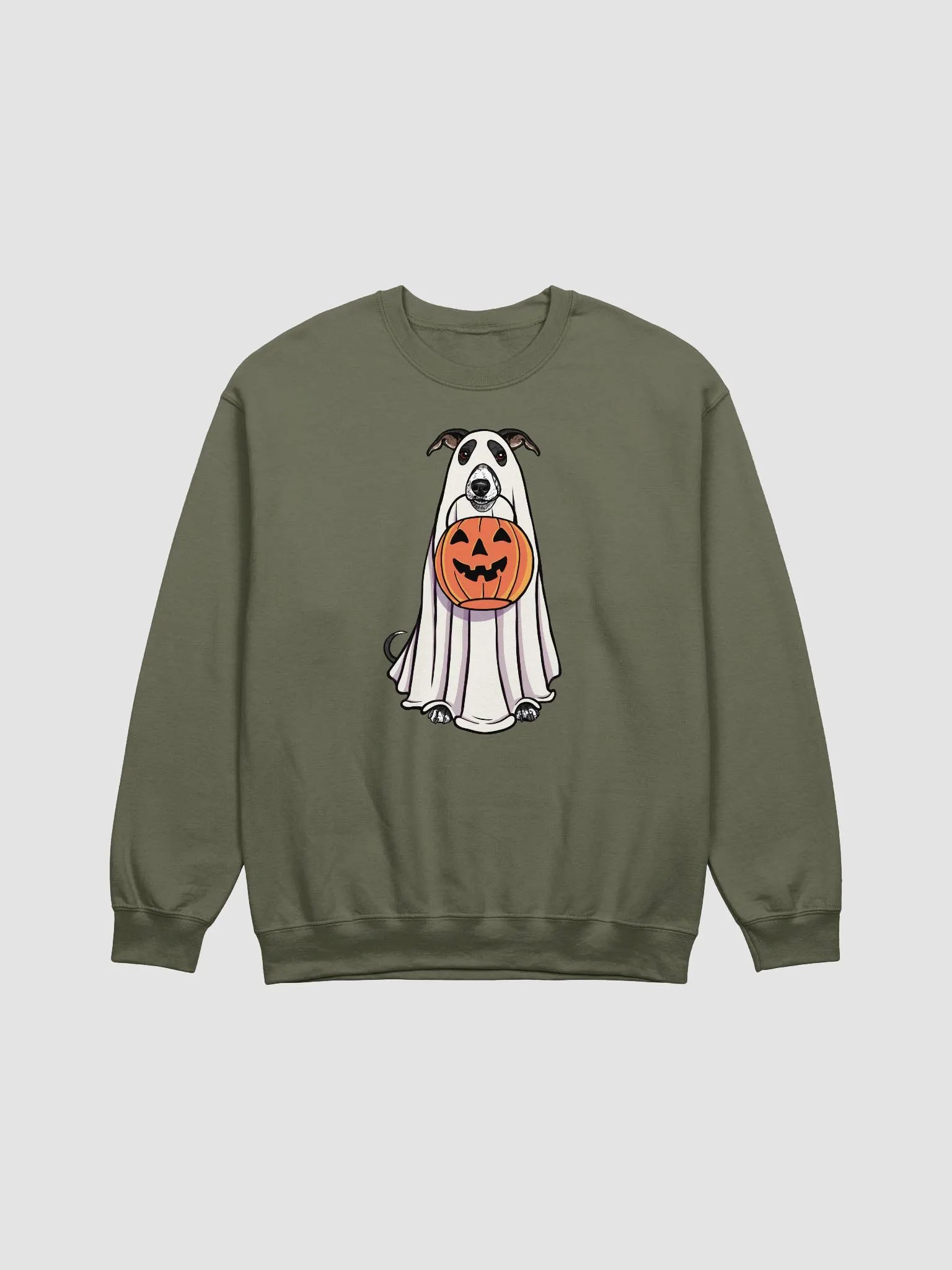 Funny Halloween Whippet(Black) Sweatshirt | Funny Dog Wearing a Ghost Costume and Holding a Pumpkin Basket product image (13)