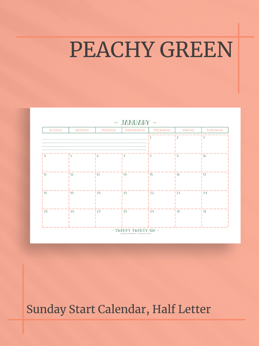Peachy Green 2026 Calendar - Single Page per Month, Sunday Start, Half Letter Size product image (1)