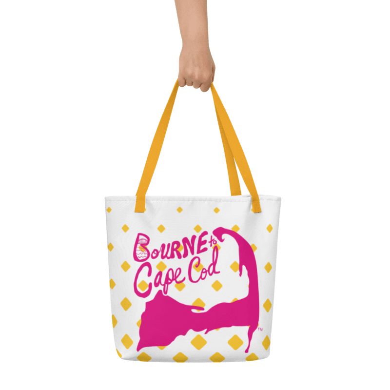 BOURNE to Cape Cod™ | Large Tote Bag with Pocket | Coastal Classic | All-Over Logo Print | Pink Logo | Retro Mod Yellow Diamond product image (1)