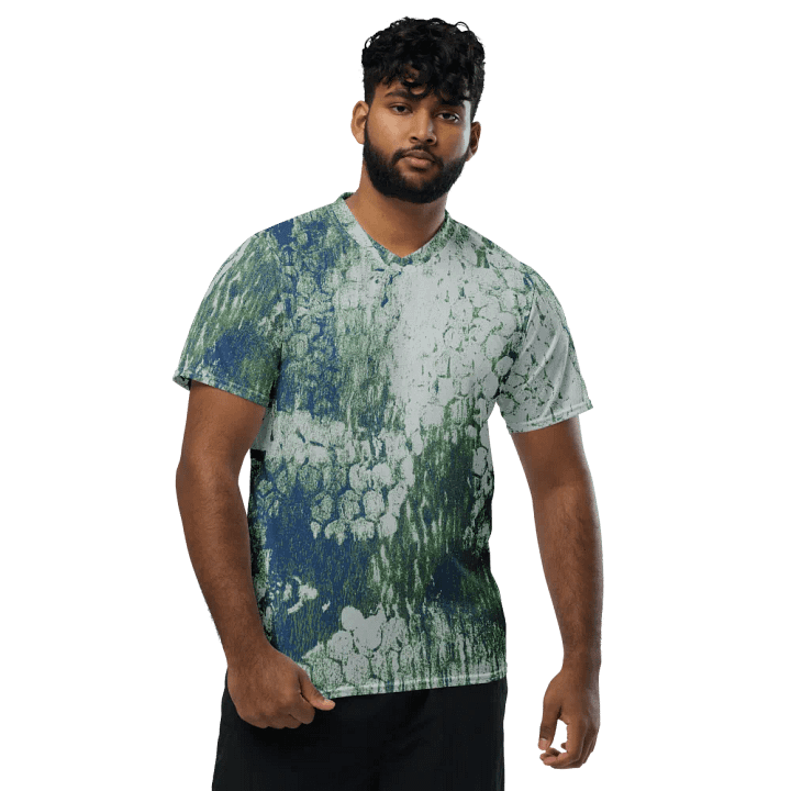 Honeycomb Grunge Unisex T-shirt in Mossy Green and Deep Blue on Bright Sand product image (1)