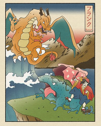 Pokemon Ukiyo-e Style art. I might add some detailing in the future, like smoke on charizard and patterns on the trainer clot...