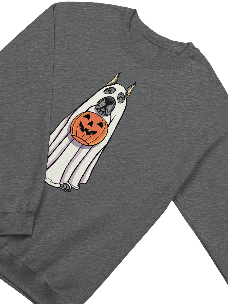 Funny Halloween Great Dane(Cropped Ears Gray) Sweatshirt | Funny Great Dane Wearing a Ghost Costume and Holding a Pumpkin Basket product image (8)