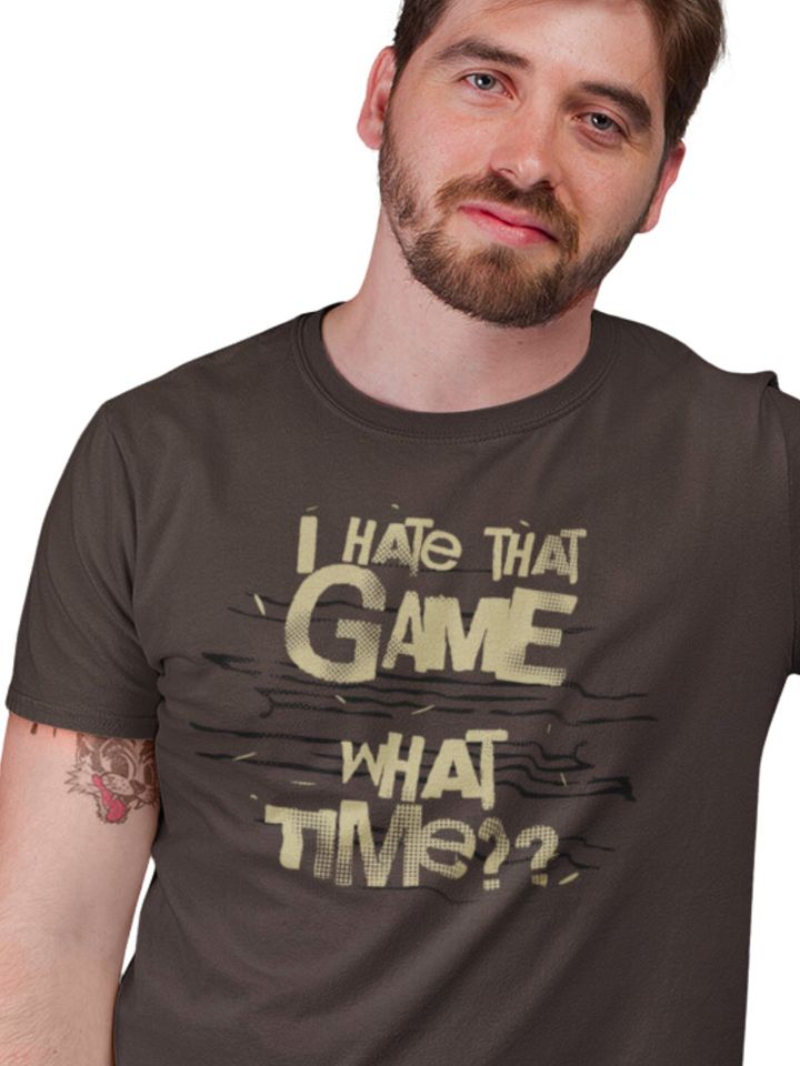 Funny Board Game Addict Shirt, Unisex Brown T-shirt for Board Gamers, I Hate That Game What Time? product image (1)